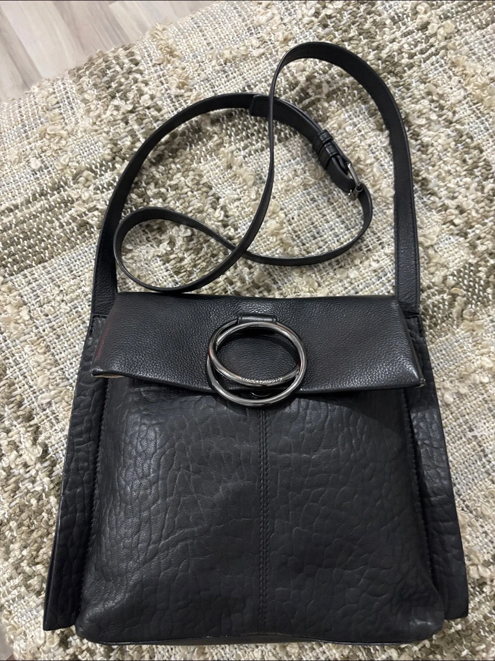 Vince Camuto Livy Large Crossbody Black Leather Bag with Silver Ring Accent